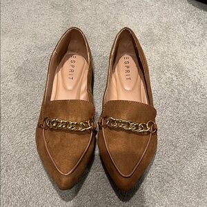 Esprit Brown Suede Pointed Loafers with Gold Chain Trim